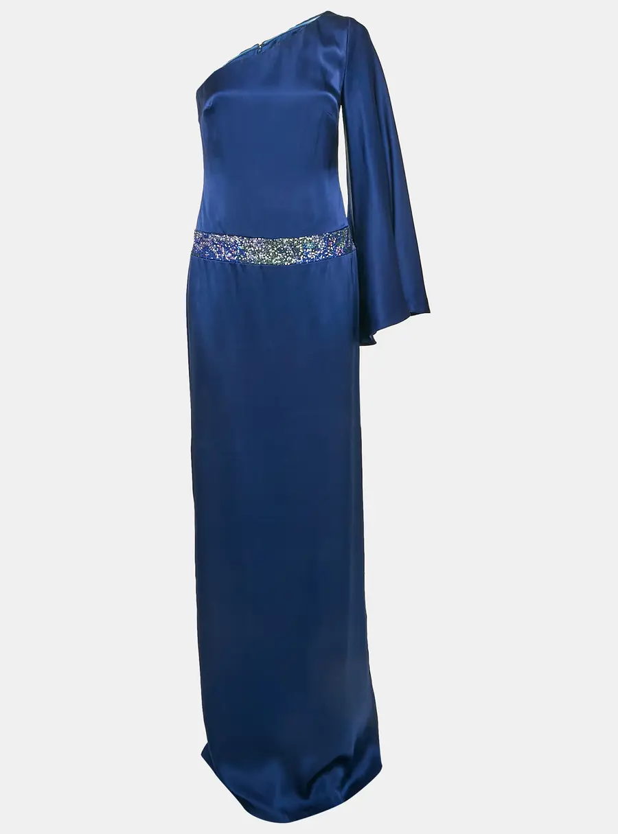 Nicole Miller Blue Sequin Embellished Satin Silk One Shoulder Cocktail Dress M