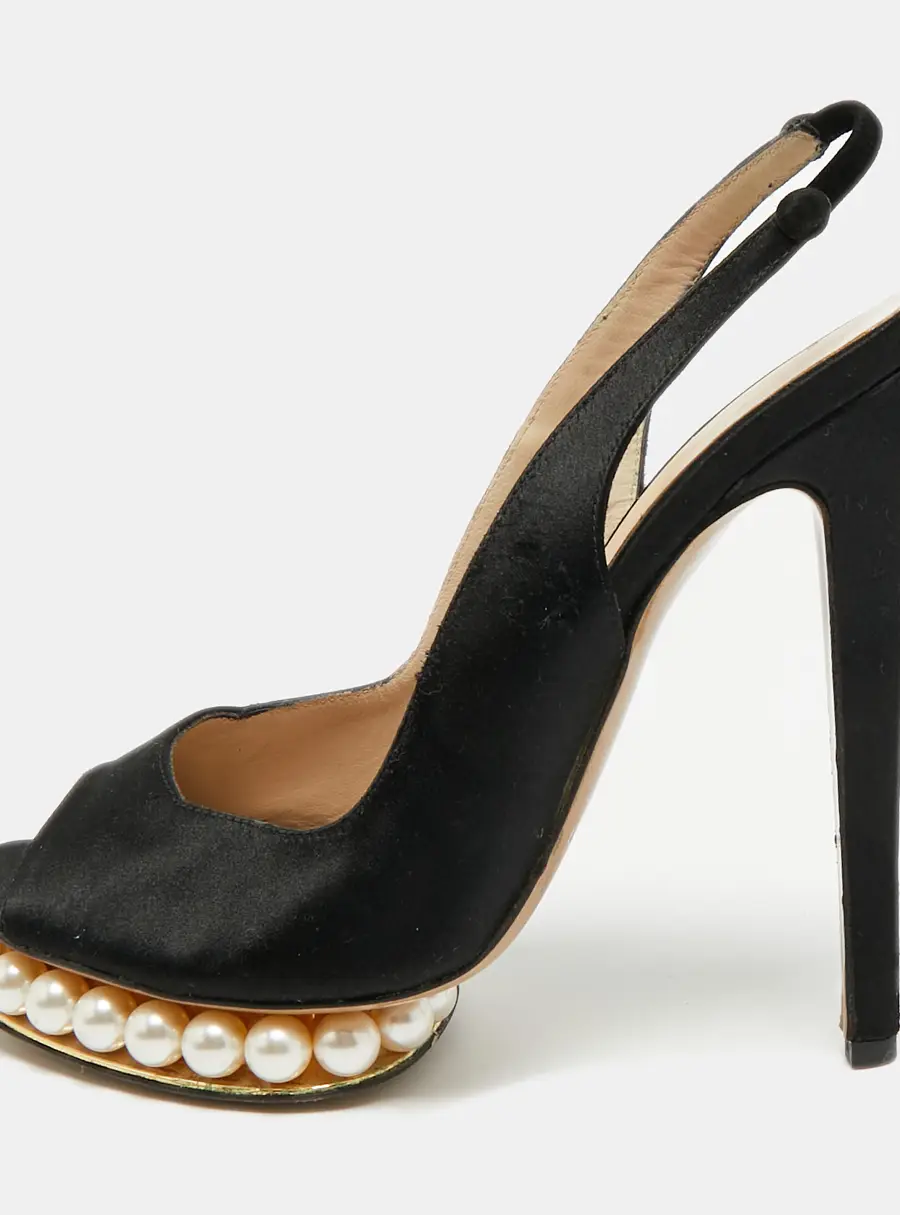 Nicholas Kirkwood Size 39 Black Satin Peep-Toe Faux Pearl Embellished Platform Slingback Sandals
