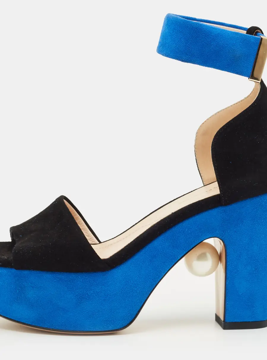 Nicholas Kirkwood Black/Blue Suede Platform Ankle Strap Sandals Size 36.5