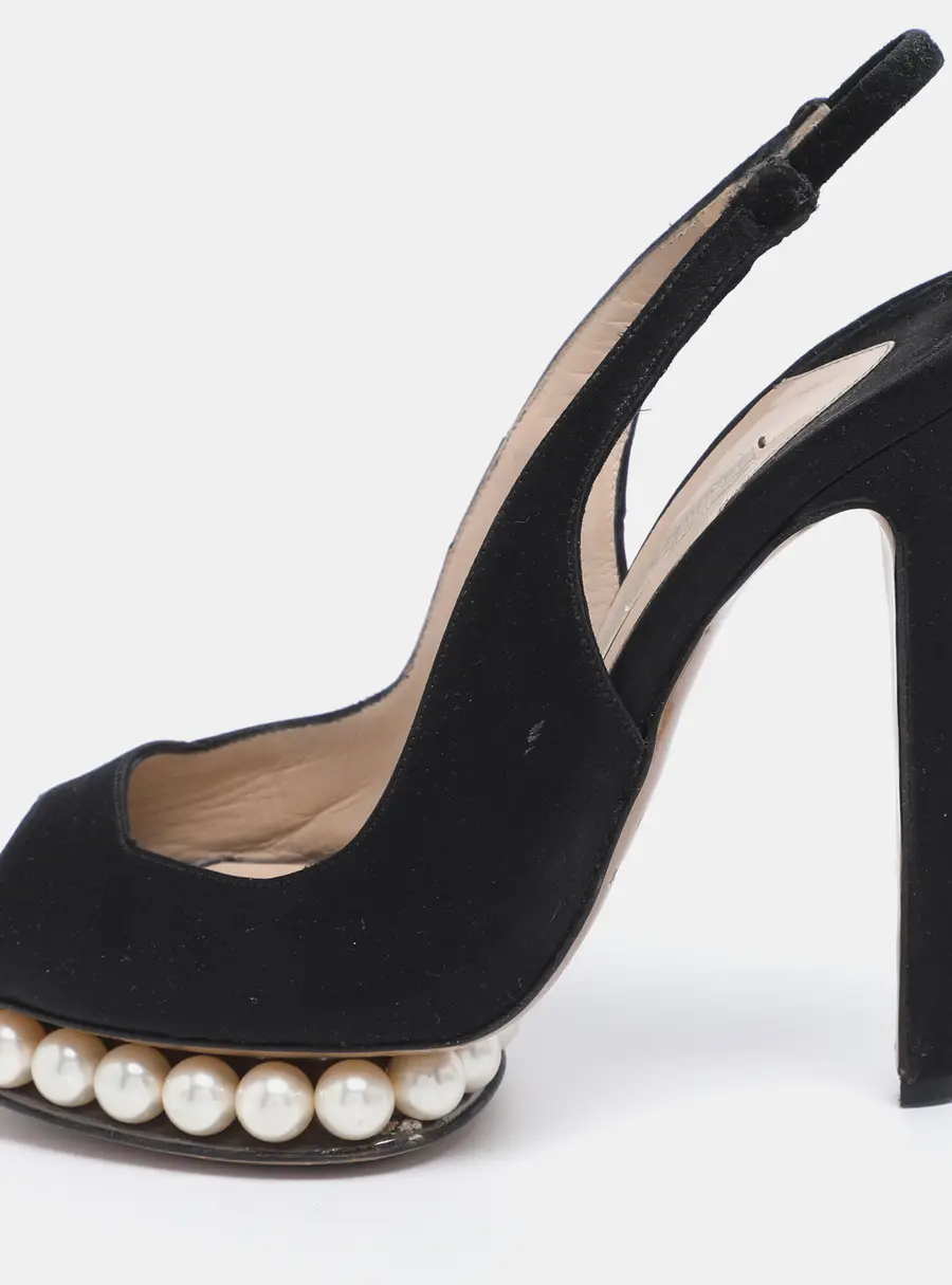 Nicholas Kirkwood Black Satin Pearl Embellished Platform Slingback Pumps Size 35.5