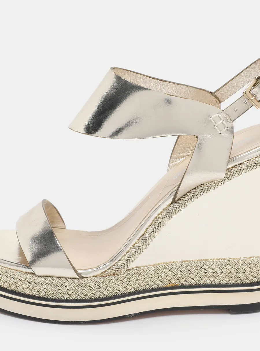 Nicholas Kirkwood Metallic Gold Foil Leather Wedge Espadrille Ankle Strap Sandals Size 38.5