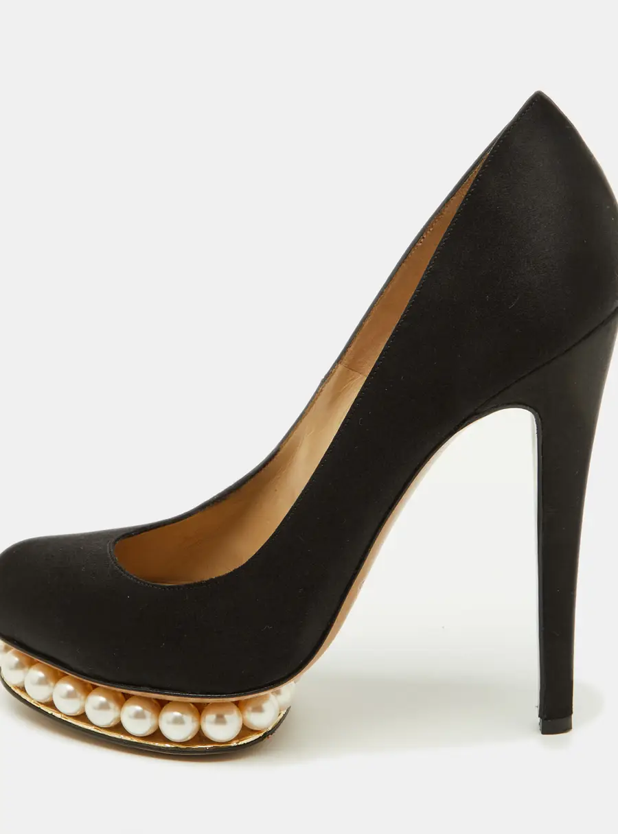 Nicholas Kirkwood Black Satin Faux Pearl Casati Platform Pumps Size 37