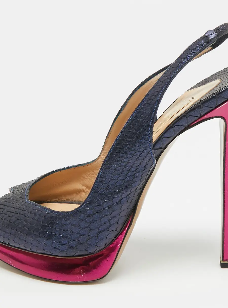 Nicholas Kirkwood Size 38.5 Navy Blue Python Leather Peep Toe Slingback Pumps