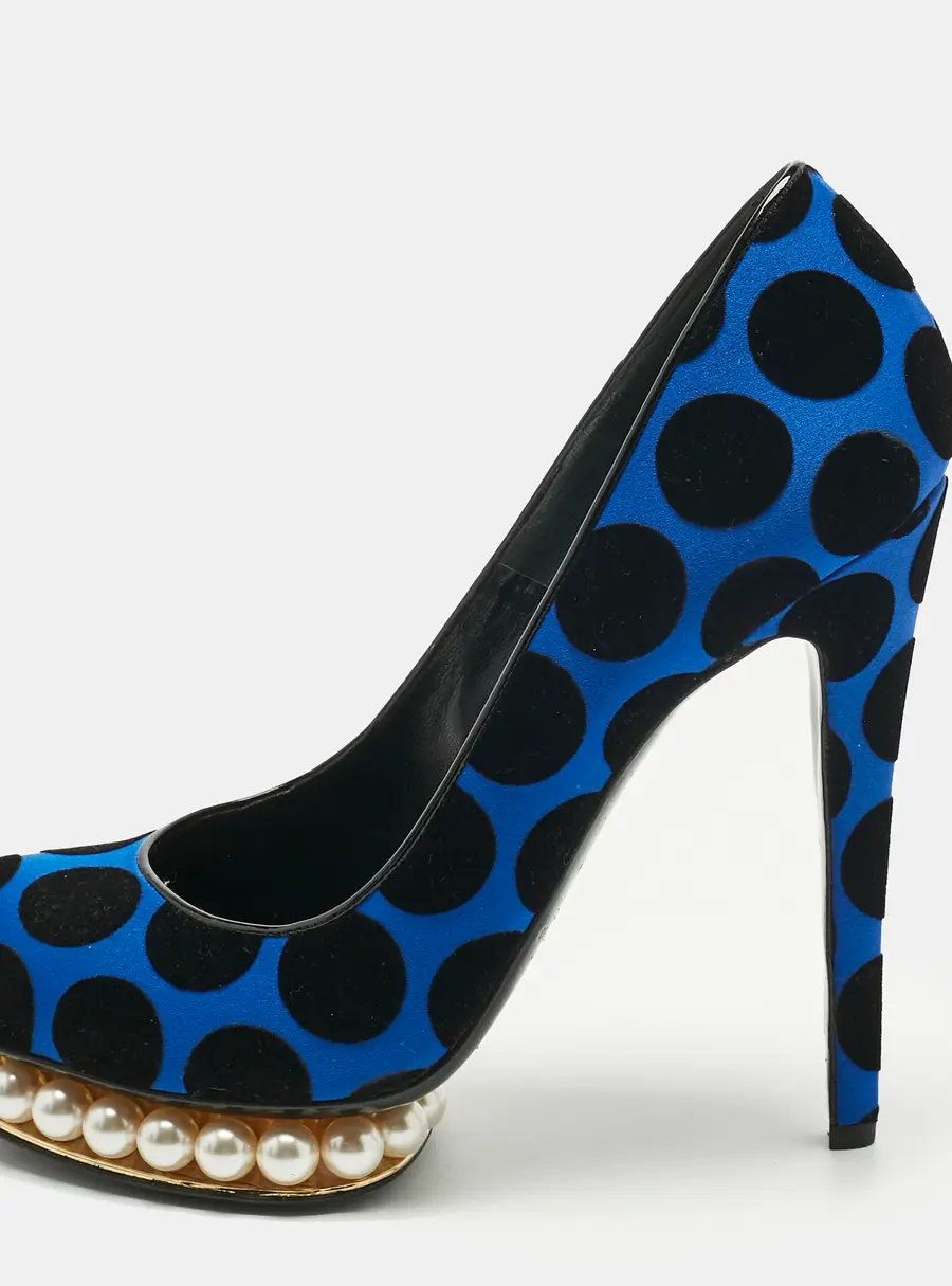 Nicholas Kirkwood Blue/Black Polka Dot Satin and Velvet Faux Pearl Casati Platform Pumps Size 39