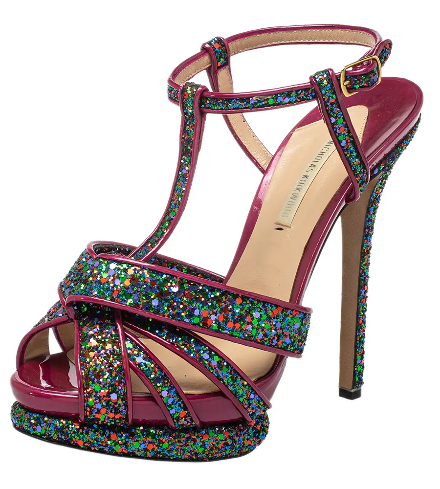 Nicholas Kirkwood Pink Patent Leather and Glitter T Strap Platform Sandals Size 39