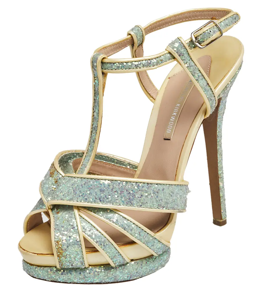 Nicholas Kirkwood Blue/Cream Patent Leather and Glitter T Strap Platform Sandals Size 37.5