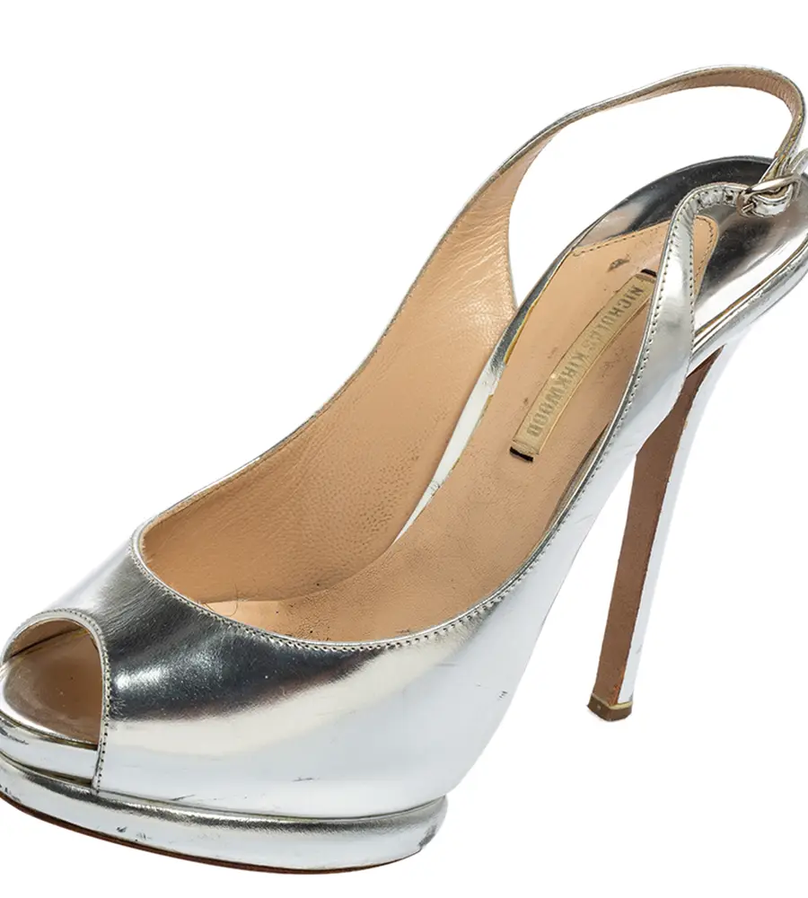 Nicholas Kirkwood Silver Glossy Leather Peep Toe Slingback Sandals Size 38