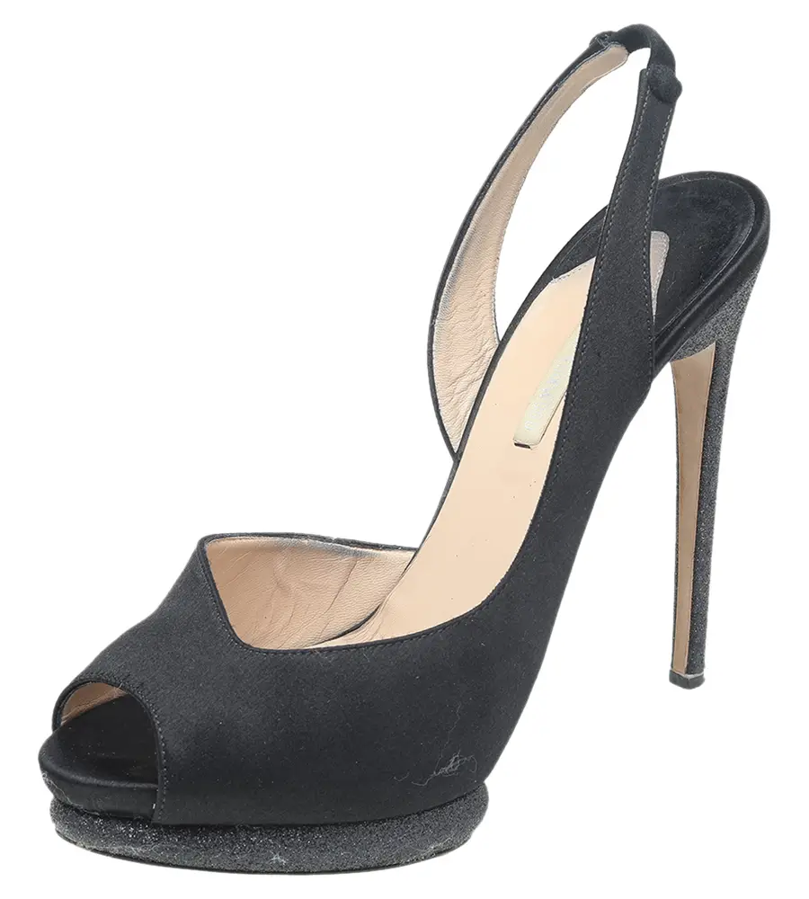 Nicholas Kirkwood Black Satin Platform Slingback Sandals Size 39.5
