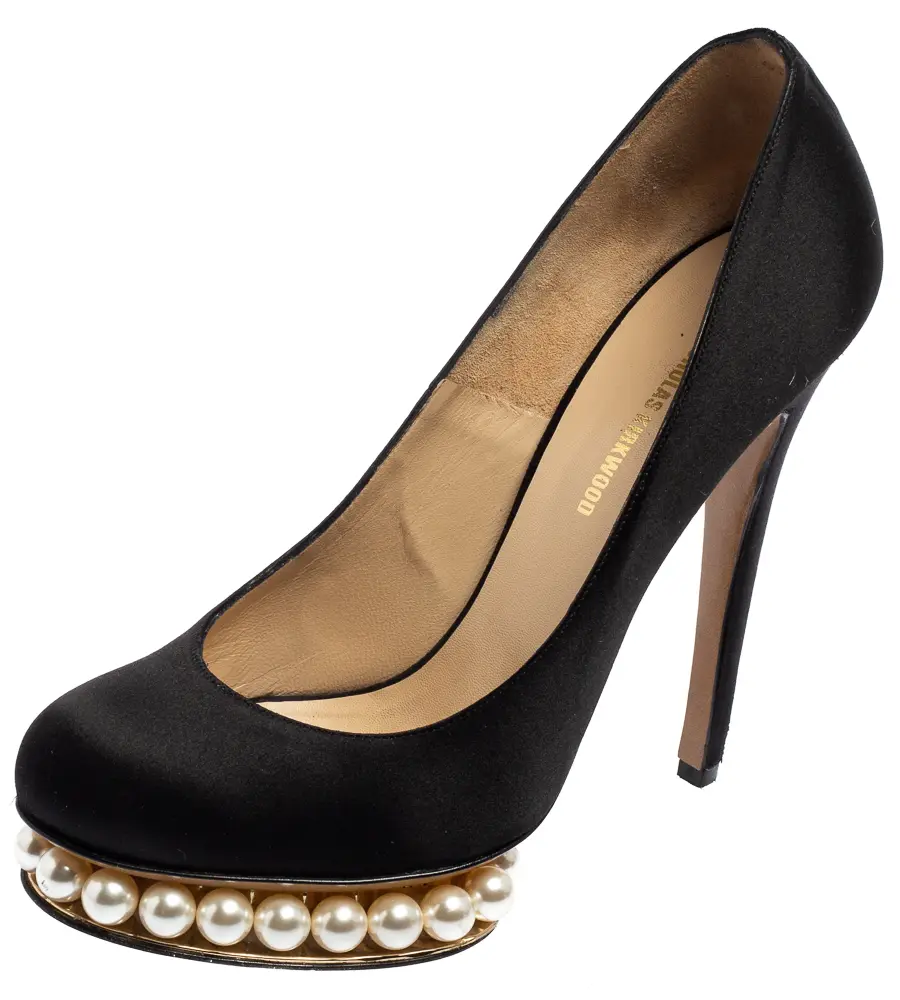 Nicholas Kirkwood Black Satin Casati Faux Pearl Platform Pumps Size 38