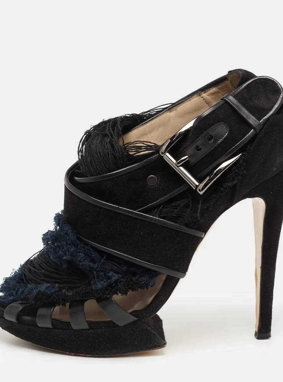Nicholas Kirkwood Black/Blue Suede And Fabric Criss Cross Platform Sandals Size 39.5