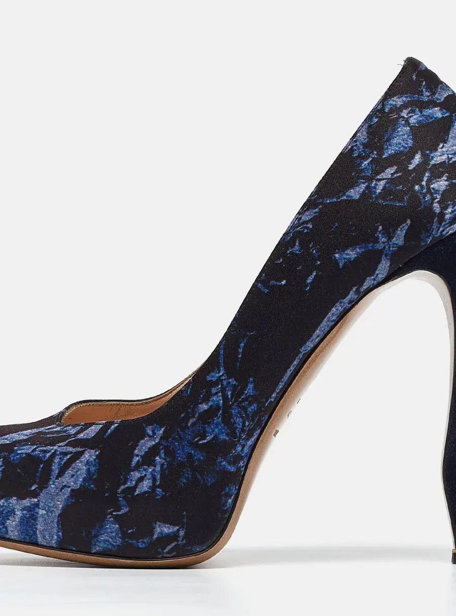 Nicholas Kirkwood Navy Blue Print Satin Platform Pumps Size 37.5
