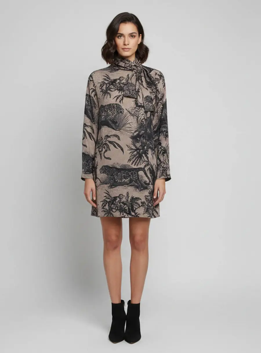 niLuu Grey/Navy Blue Jovi Print Jacquard Grace Pussy-Bow Mini Dress M