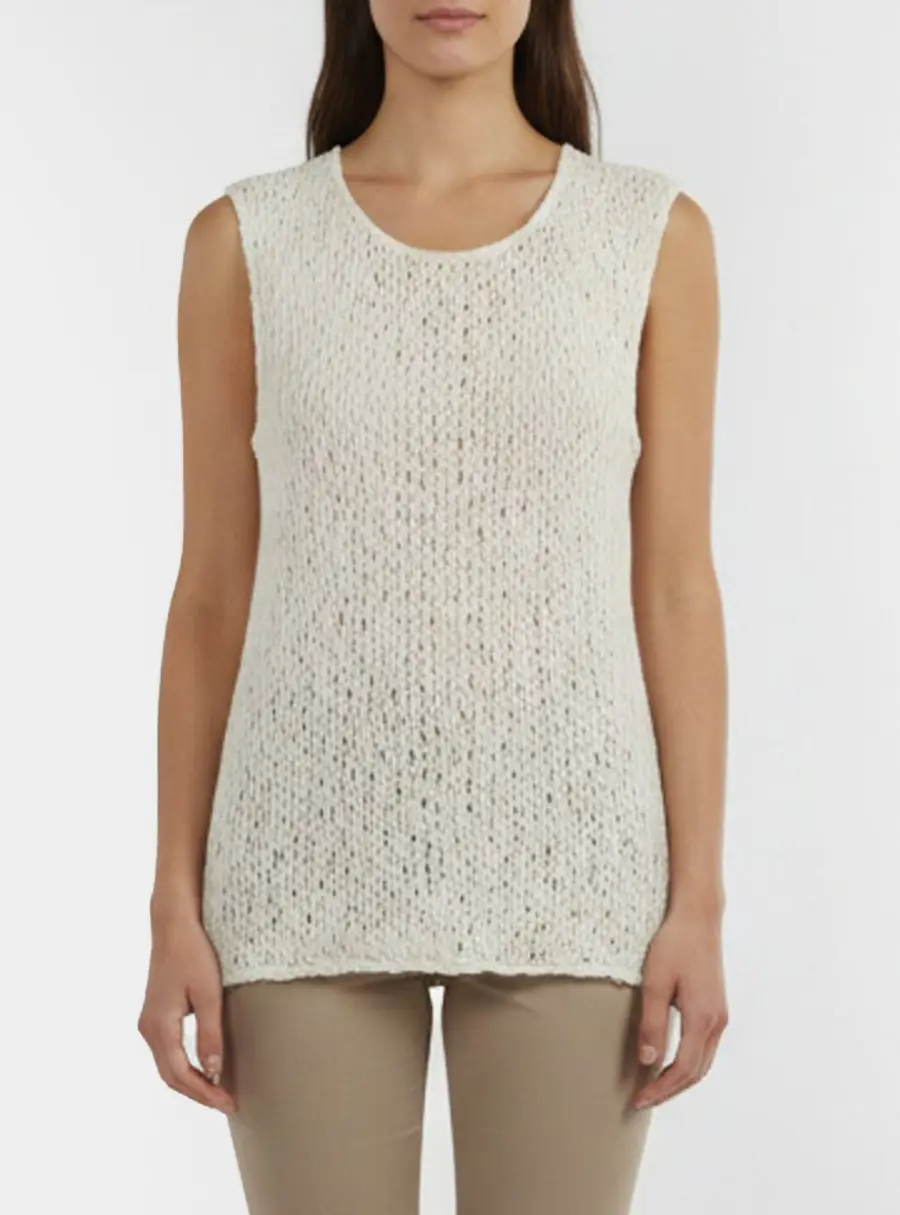 Nina Ricci Cream Weave Pattern Chiffon Sleeveless Top M