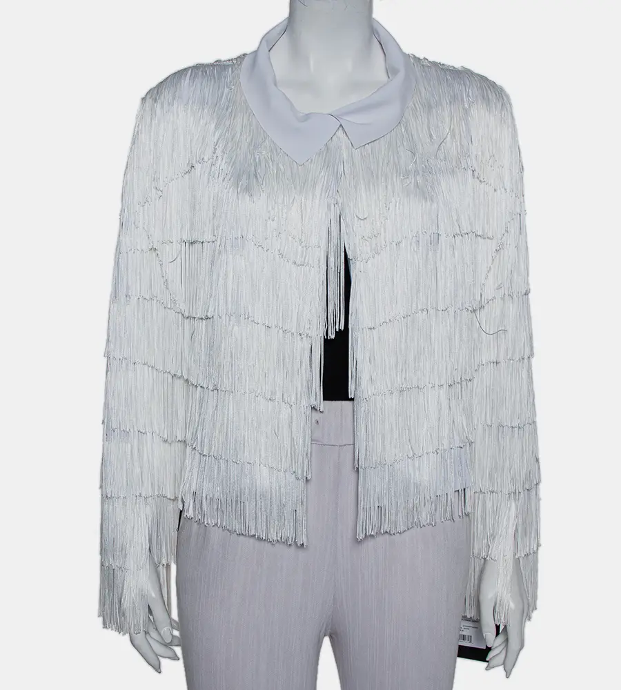 Norma Kamali White Knit Fringed Open Front Collared Jacket M