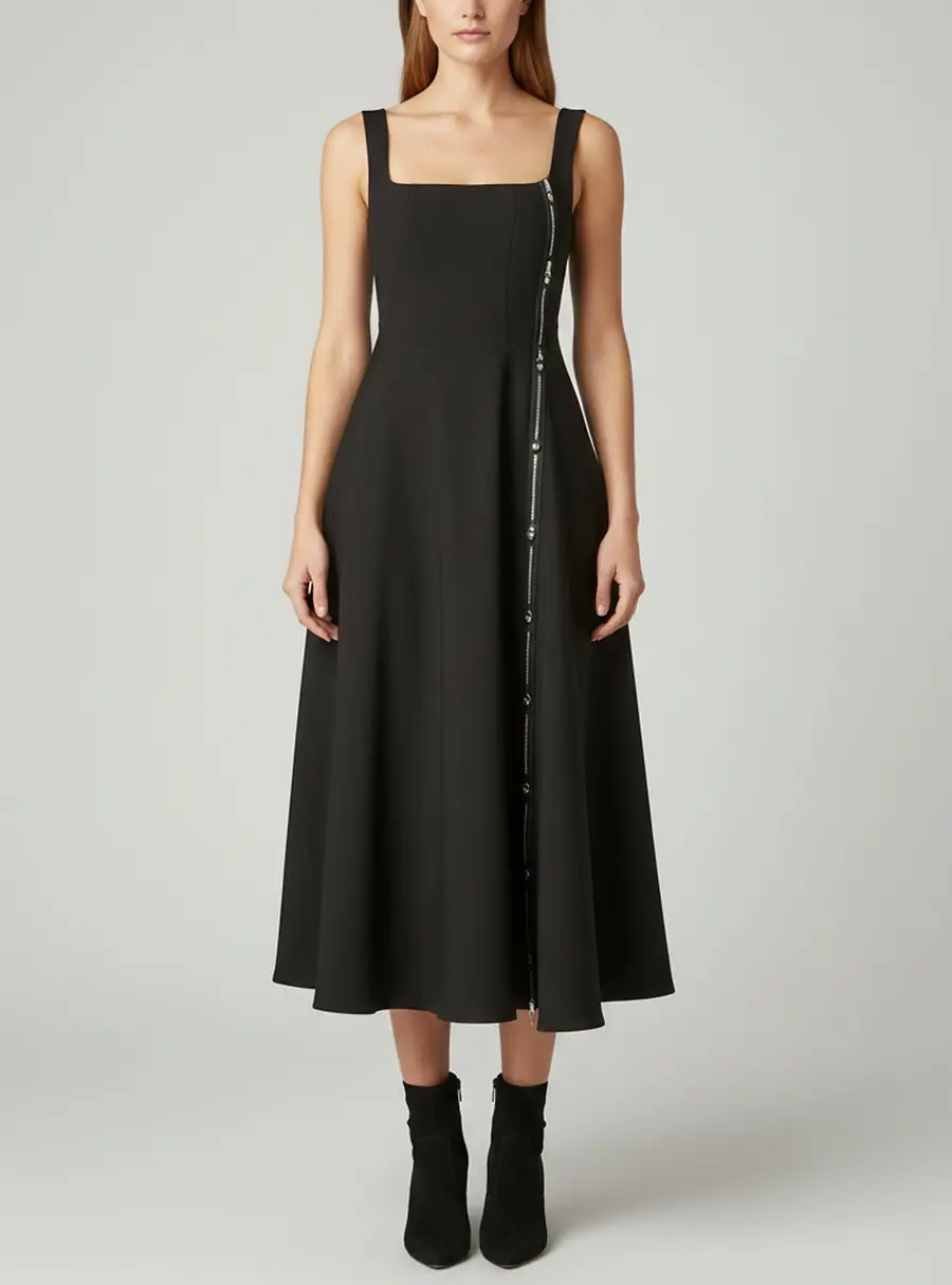 Oddmuse Black Crepe and Sateen The Ultimate Muse Midi Dress S