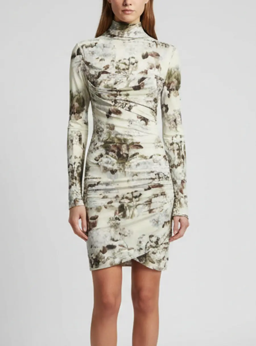 Off-White Green Floral Print Jersey Turtleneck Mini Dress XS