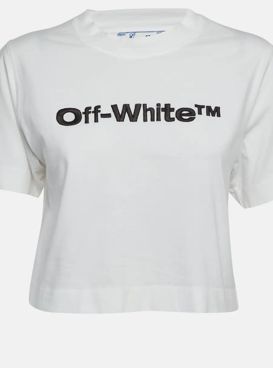 Off-White White Logo Embroidered Crop T-Shirt XS