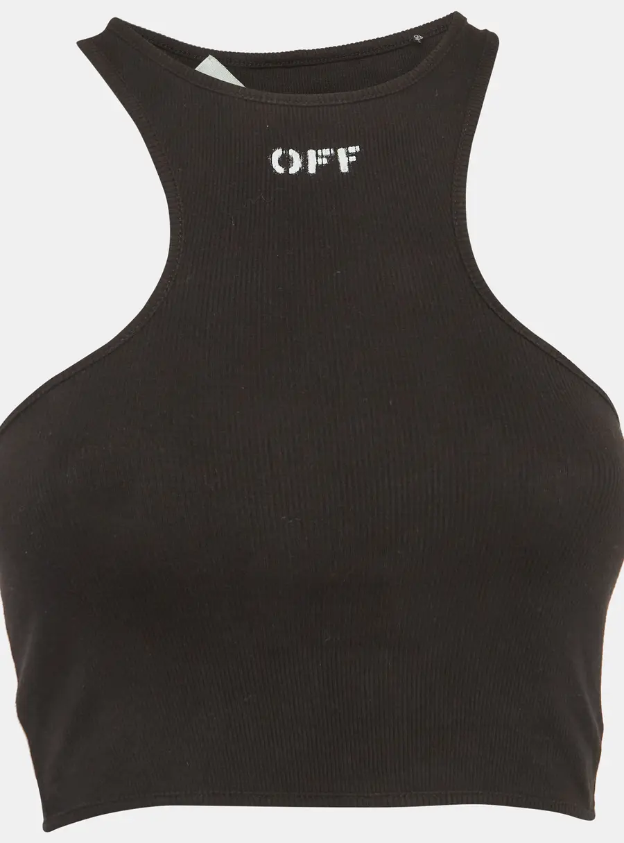 Off-White Black Logo Print Rib Knit Racer Back Tank Top S