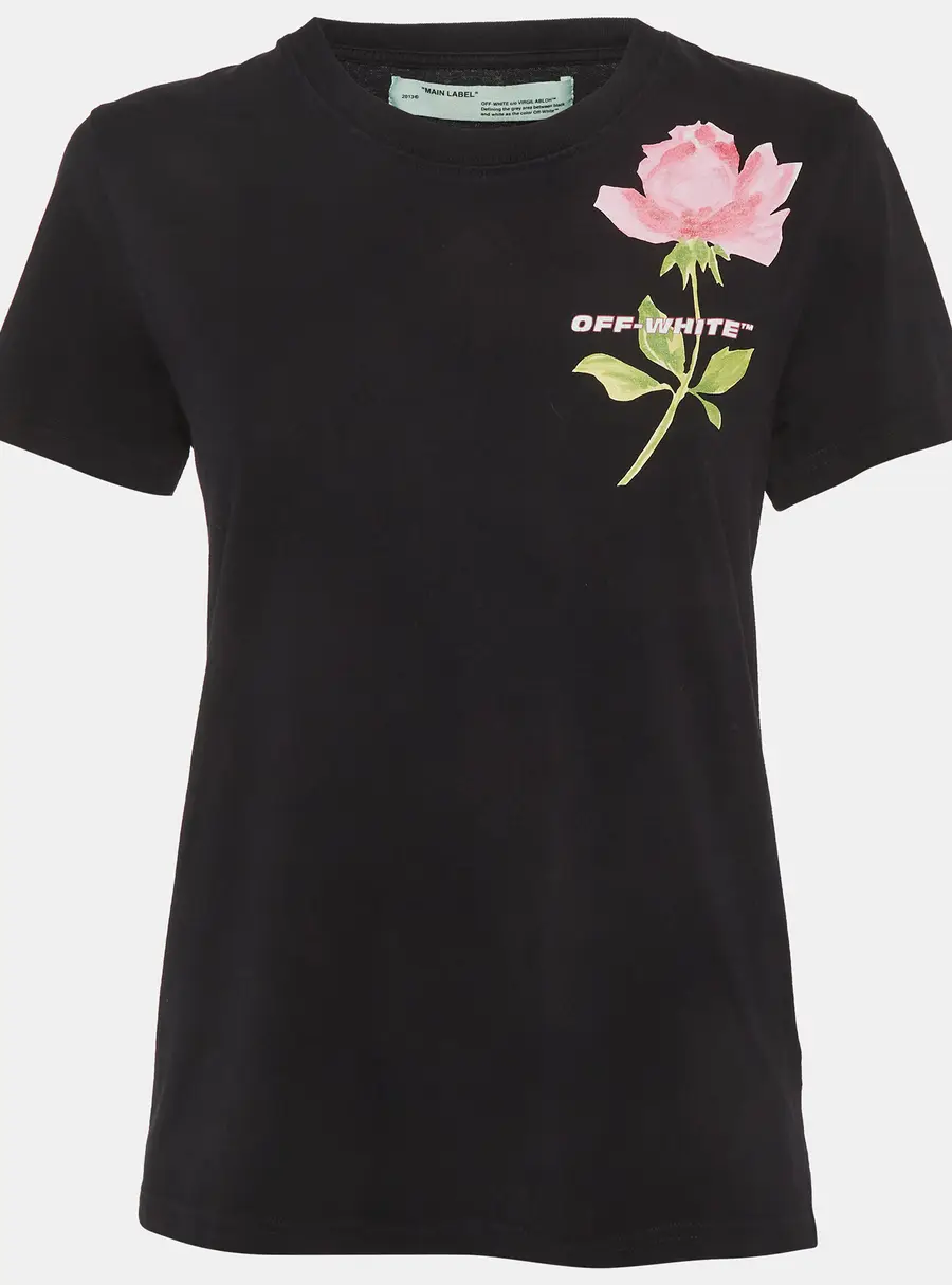 Off-White Black Floral Logo Graphic Print Crewneck T-Shirt S