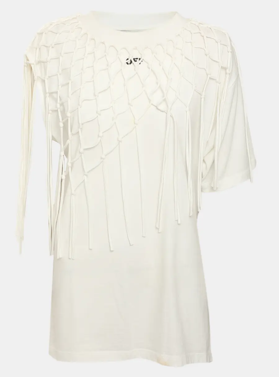 Off-White White Jersey Knit Details Fringes Top S