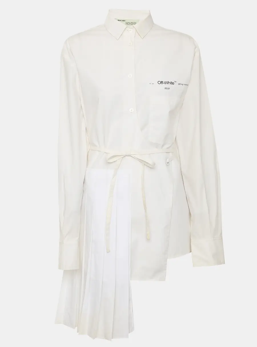 Off-White White Plisse Pleated Wrap Shirt Dress L