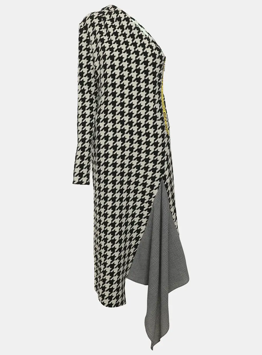 Off-White Black & White Houndstooth Pattern Wool One Shoulder Midi Dress S