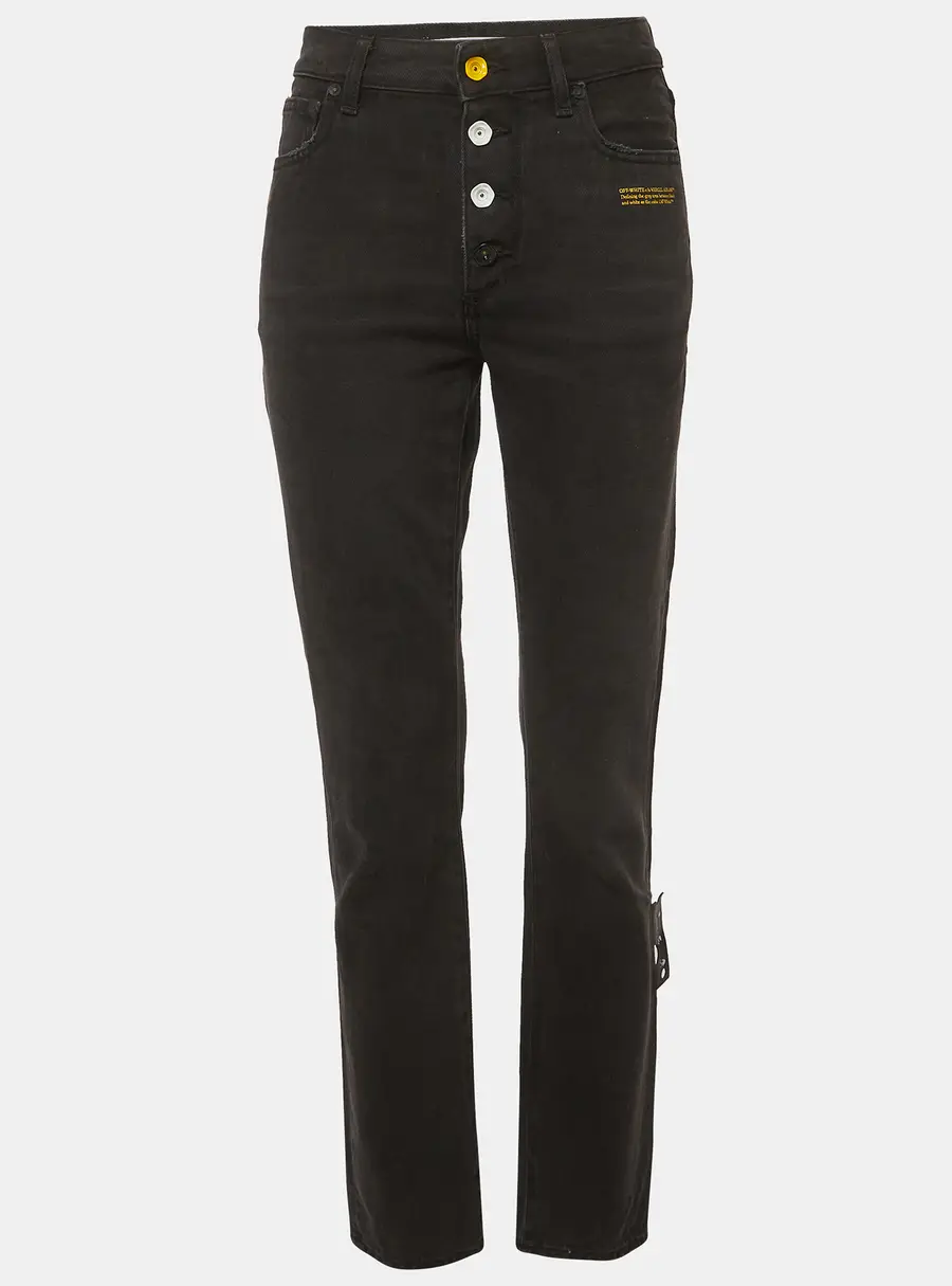 Off-White Black Slogan Print Denim Straight Fit Jeans S/Waist 26"