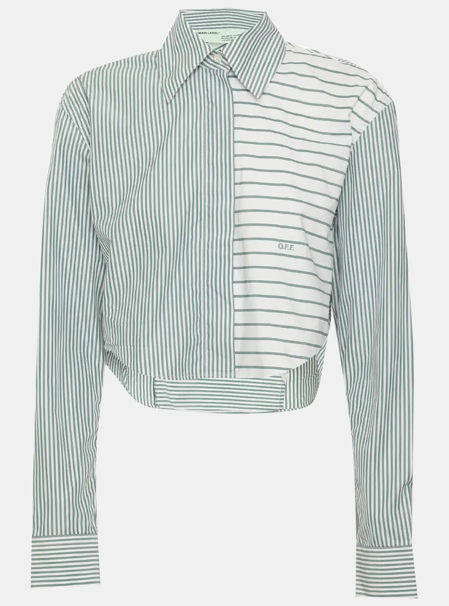 Off-White Green/White Pinstriped Cotton Blend Cropped Shirt XS
