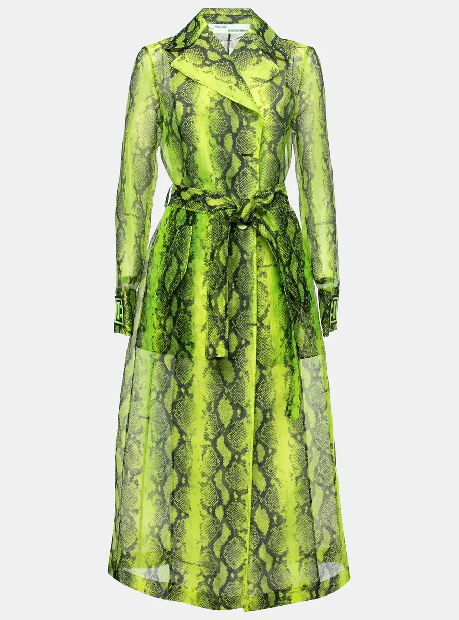Off-White Green Python Print Tulle Button Front Belted Coat S