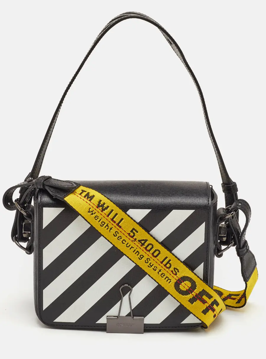 Off-White Binder Clip Medium Black/White Leather Diagonal Print Flap Shoulder Bag