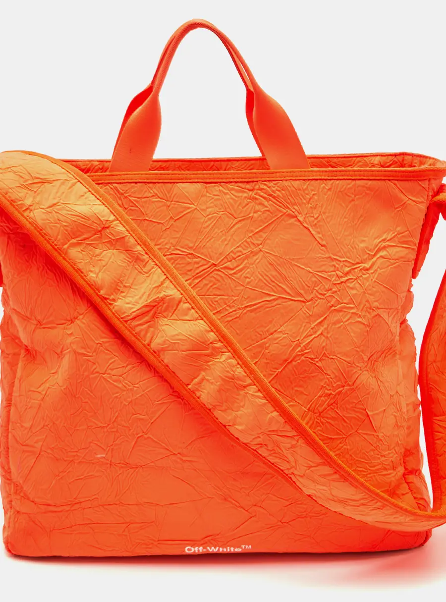 Off-White Logo Print Neon Orange Crinkle Shell Canvas Shopper Tote