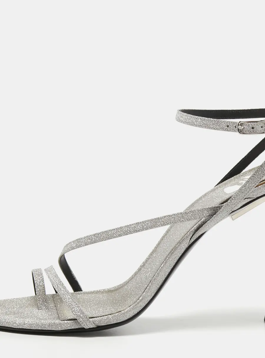 Off-White Metallic Grey Glitter Allen Ankle Strap Sandals Size 40