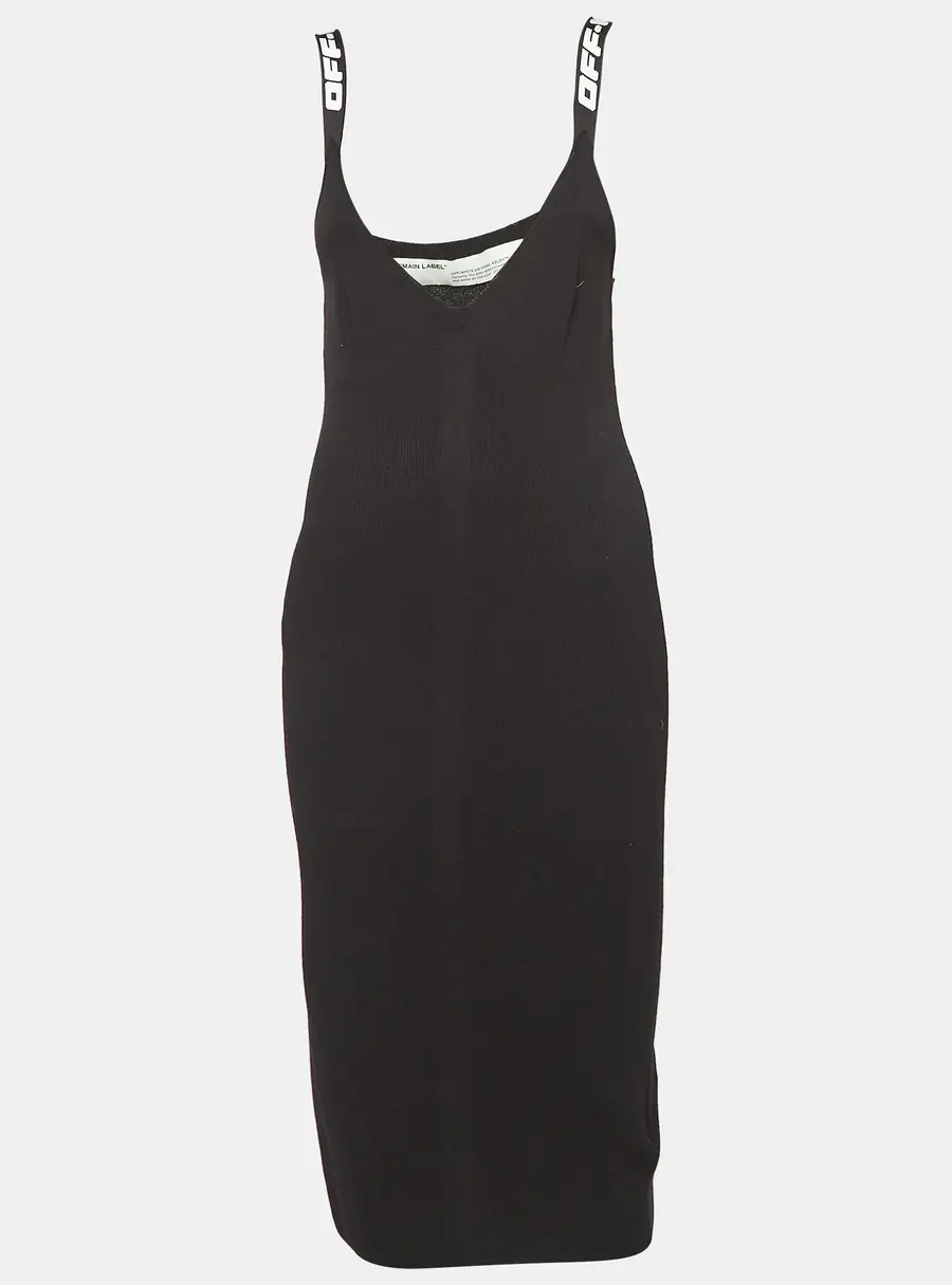 Off-White Black Rib Knit Logo Strap Fitted Short Dress M