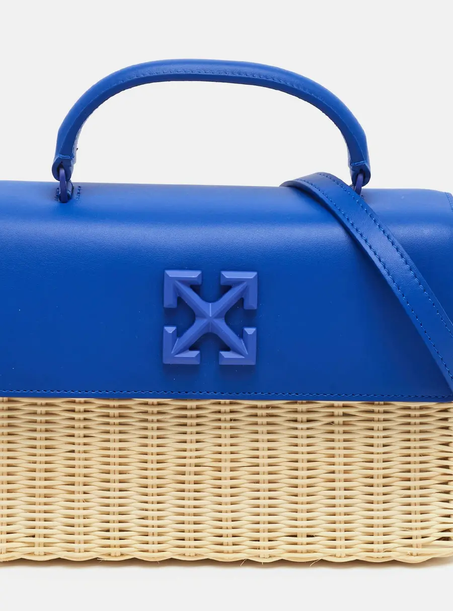 Off-White Jitney 1.4 Beige/Blue Straw and Leather Top Handle Bag