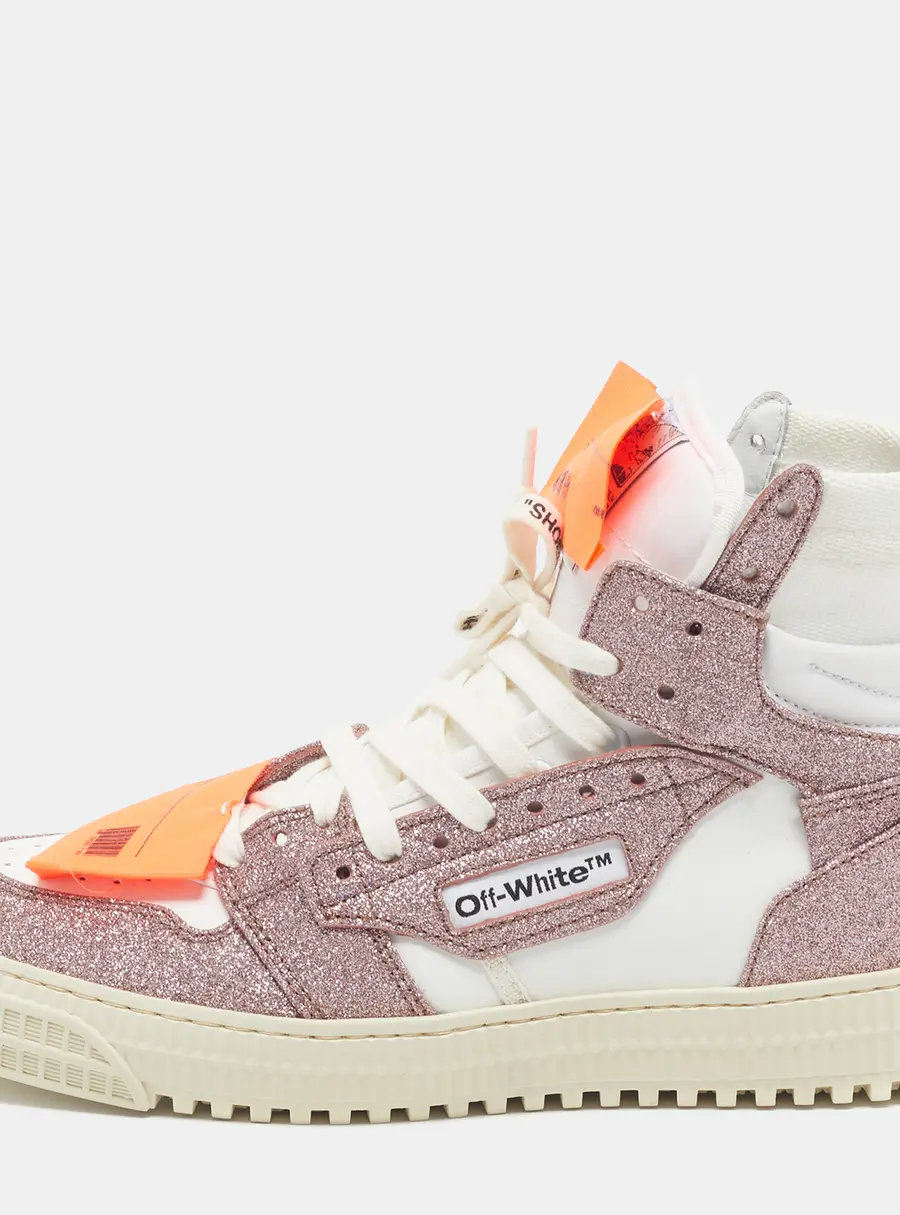 Off-White 3.0 Off Court Size 38 White/Metallic Rose Gold Glitter and Leather High Top Sneakers