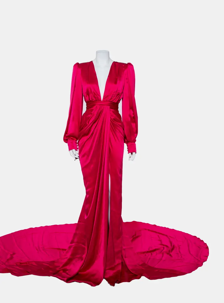 Ong-Oaj Pairam Fuschia Pink Silk Satin Plunge Neck Trail Detail Angelica Gown M