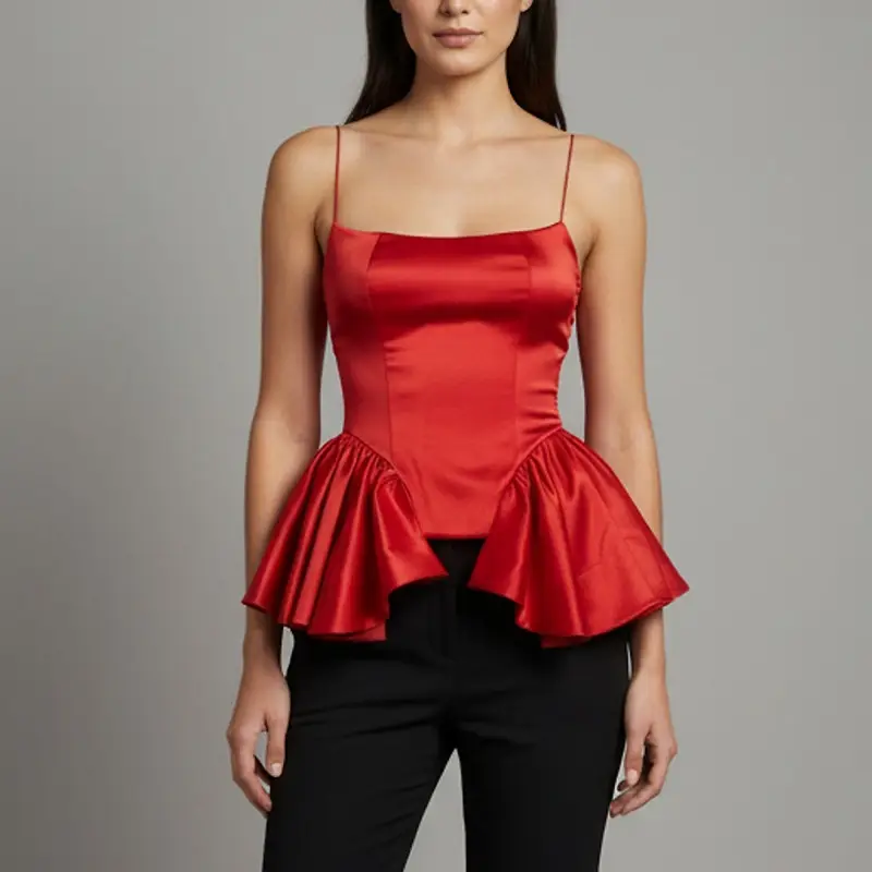 Onori Red Satin Ruffle Detail Corset Bodice Chloe Top XS