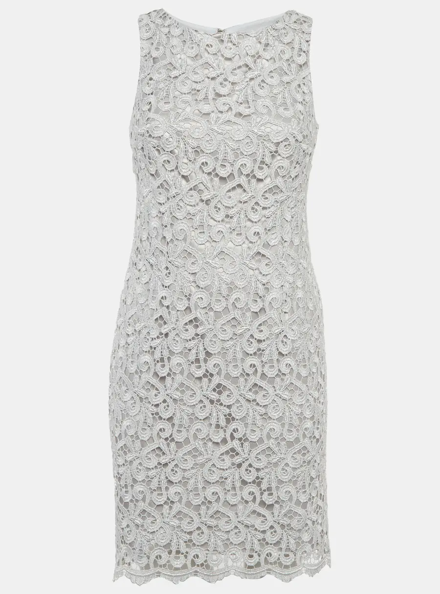 Onyx Nite Silver Guipure Lace Sheath Mini Dress S