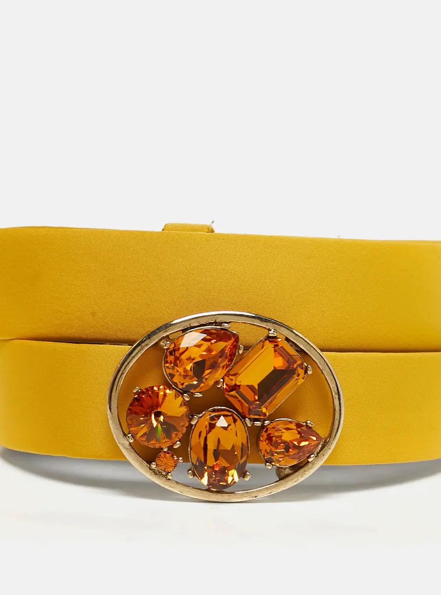 Oscar de la Renta Yellow Satin Crystal Buckle Belt M