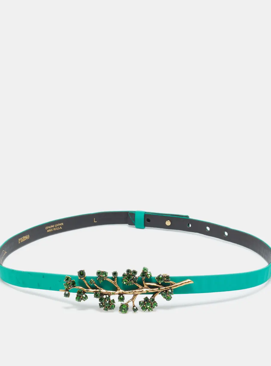 Oscar de la Renta Green Satin Crystal Embellished Slim Belt M