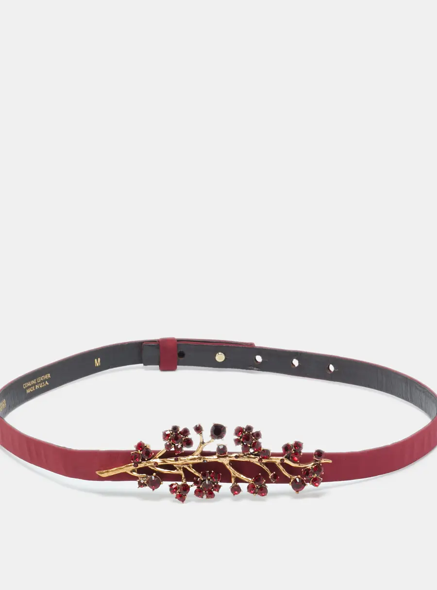 Oscar de la Renta Burgundy Satin Crystal Embellished Slim Belt M