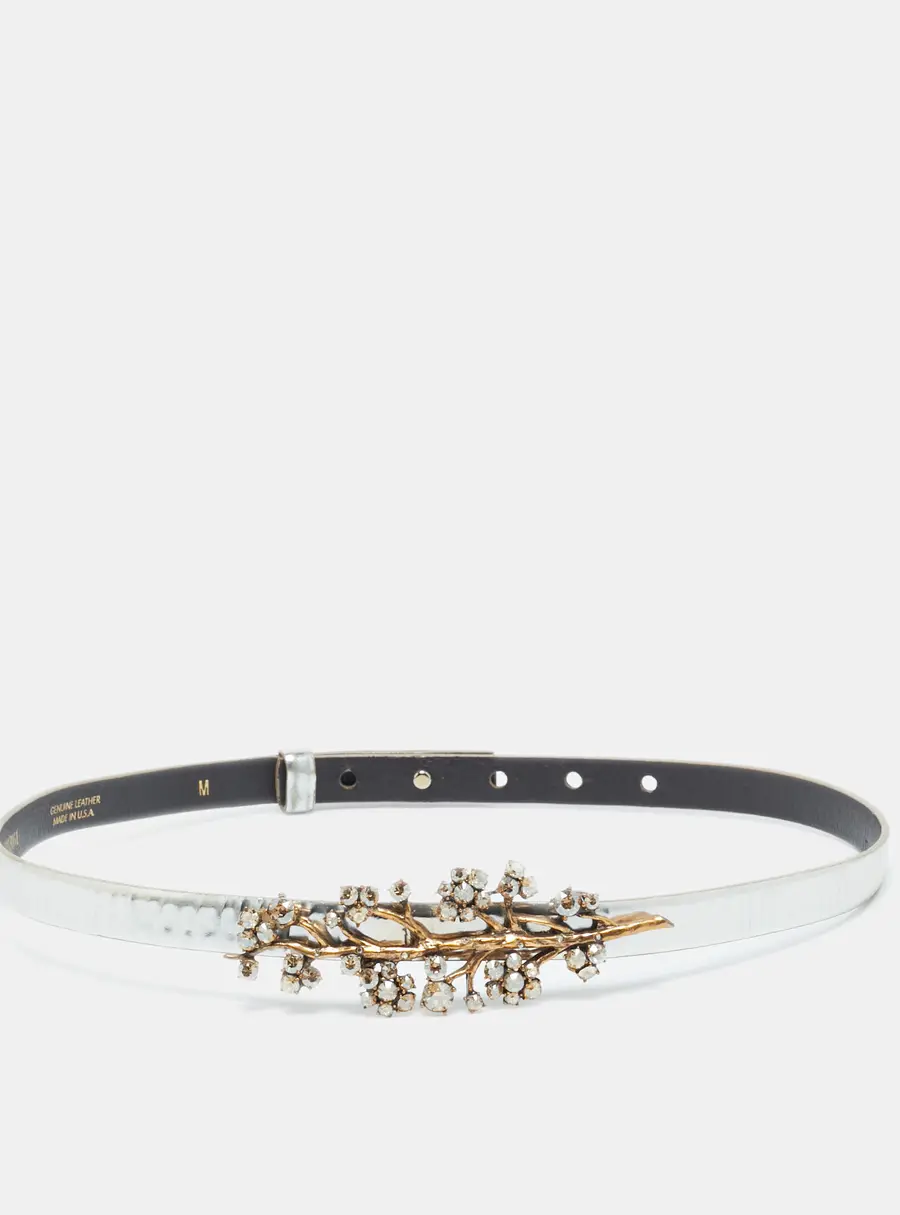 Oscar de la Renta Silver Patent Leather Crystal Embellished Belt M