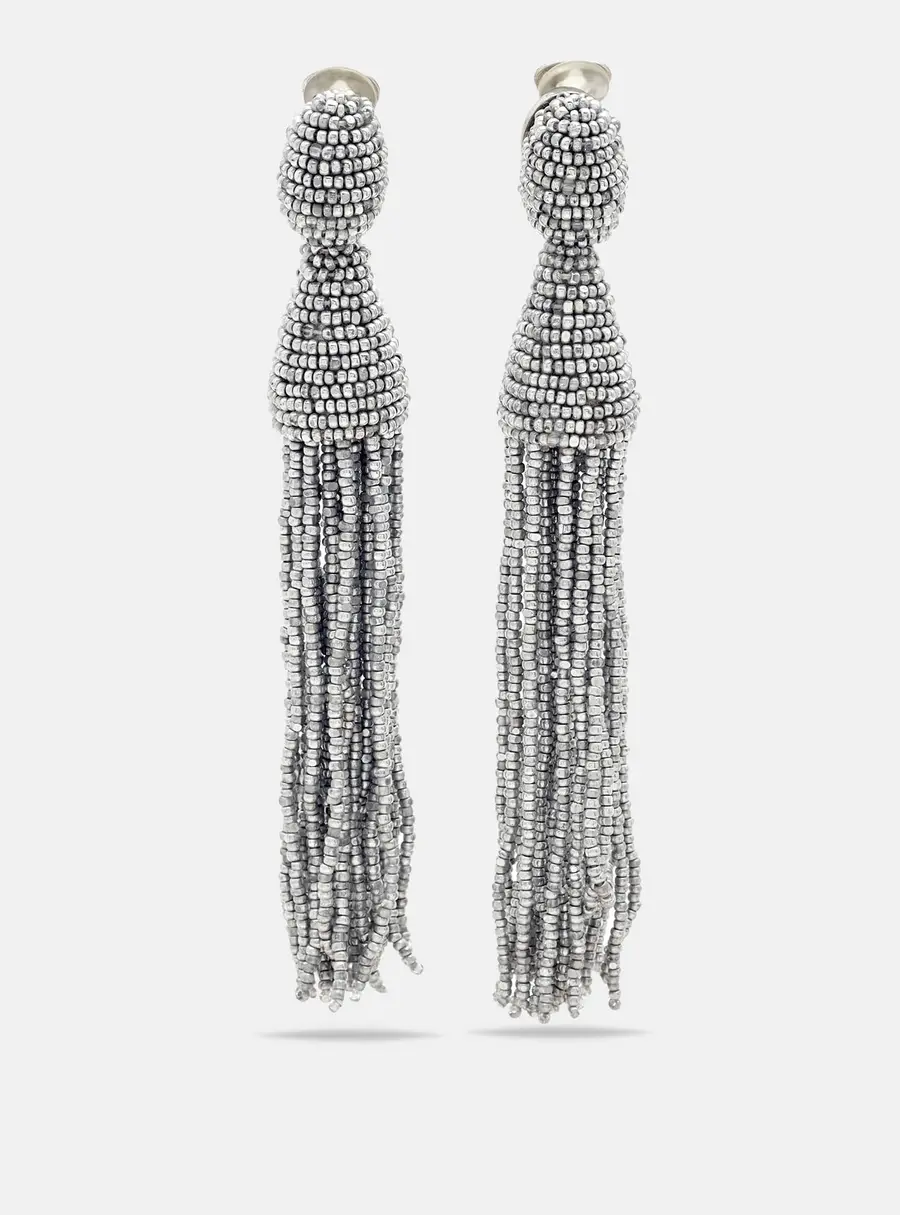 Oscar de la Renta Beaded Silver Tone Long Tassel Clip-on Earrings