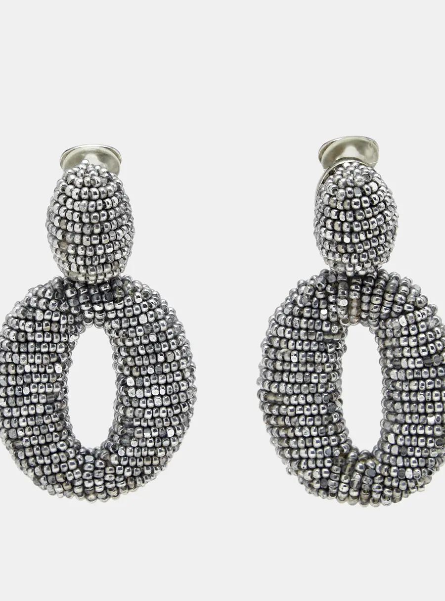 Oscar de la Renta Beaded O Silver Tone Hoop Clip-On Earrings