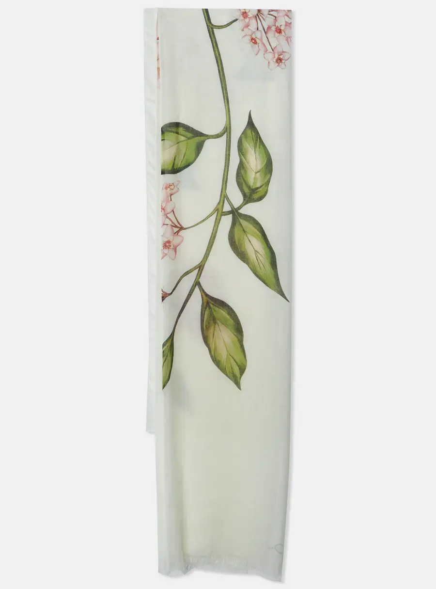 Oscar de la Renta Ivory Porcelain Flower Print Modal Cashmere Scarf