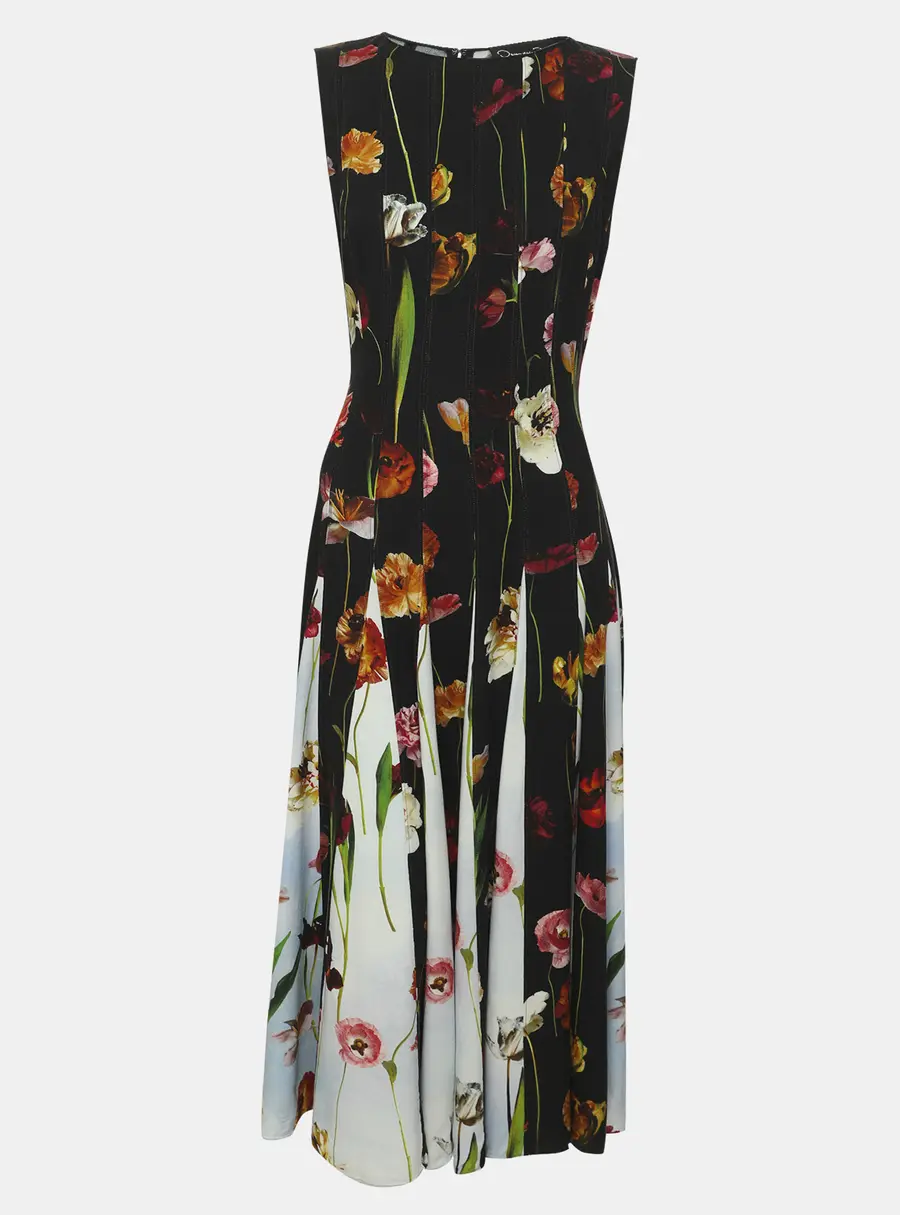 Oscar de la Renta Multicolor Floral Contrast Inset Pleated Crepe Midi Dress S
