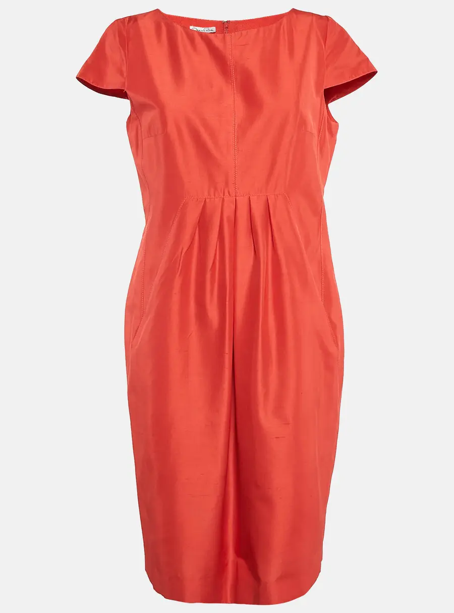 Oscar de la Renta Red Silk Cap Sleeve Midi Dress M