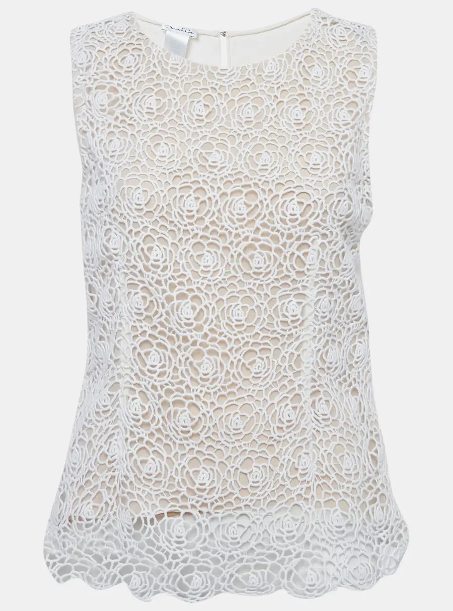 Oscar de la Renta White Lace and Crepe Sleeveless Top M