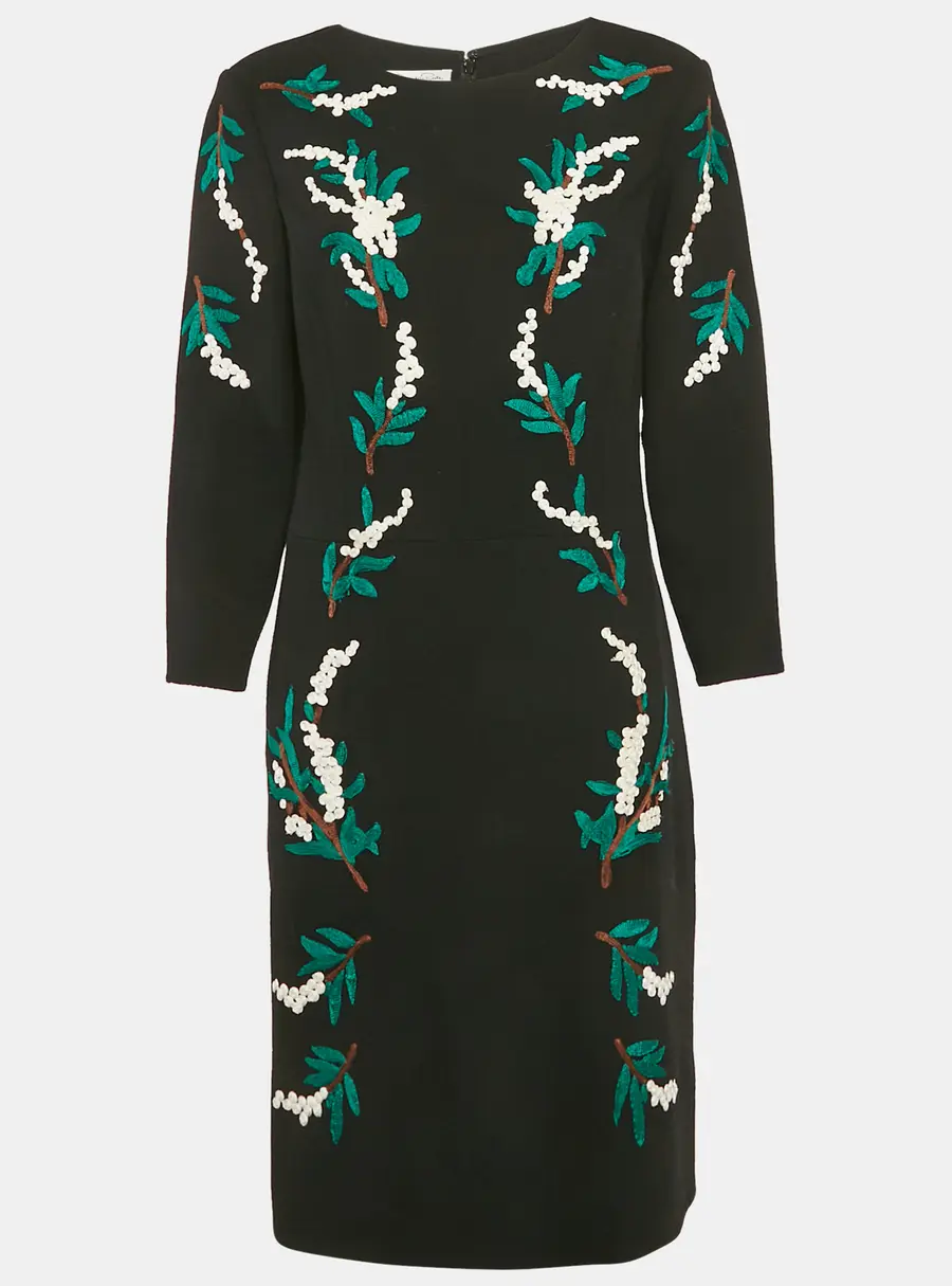 Oscar de la Renta Black Embroidered Wool Midi Dress XL