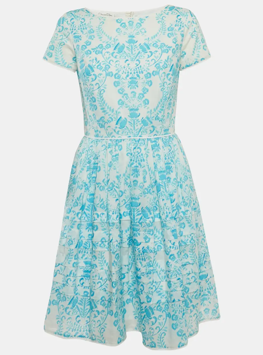 Oscar de la Renta Blue & White Printed Cotton Mini Dress S